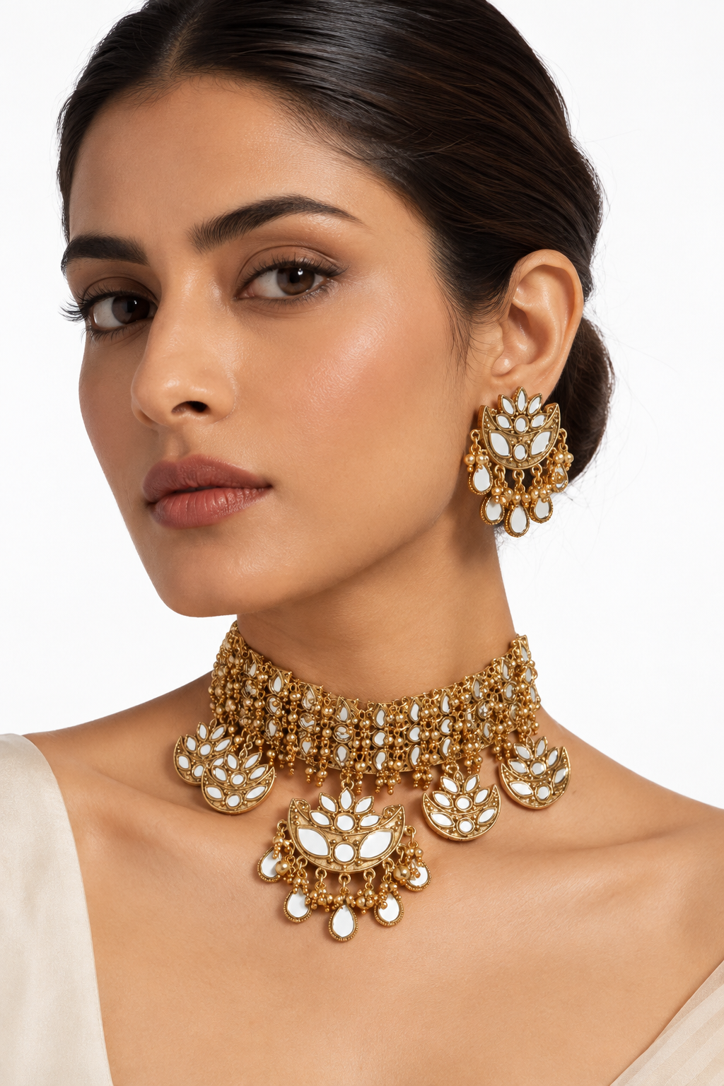 Choker And Earring Set with Patri Lotus Choker Big Mirror Drops in Gold