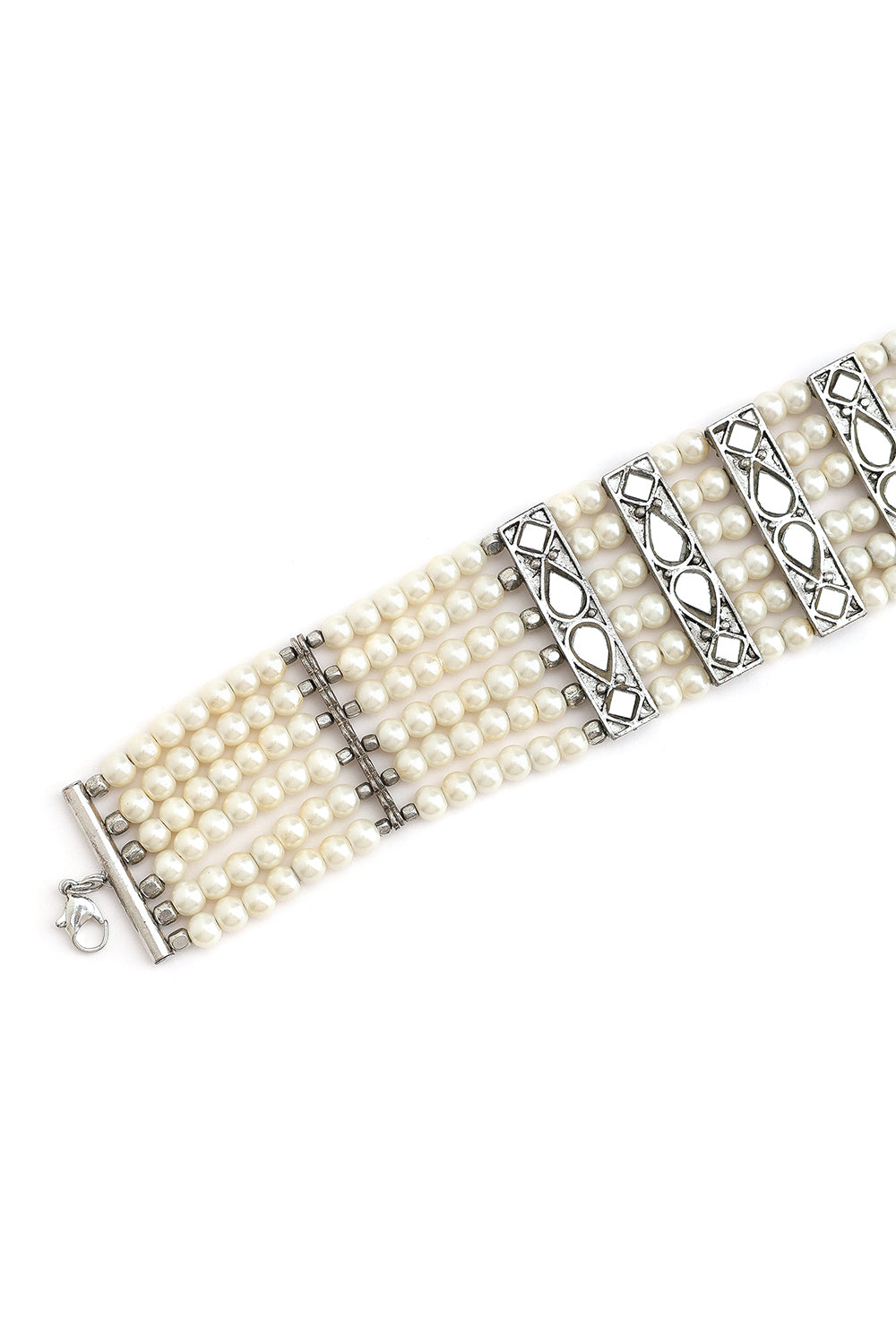 Mirror Silver Blocks With Pearl Beaded Choker