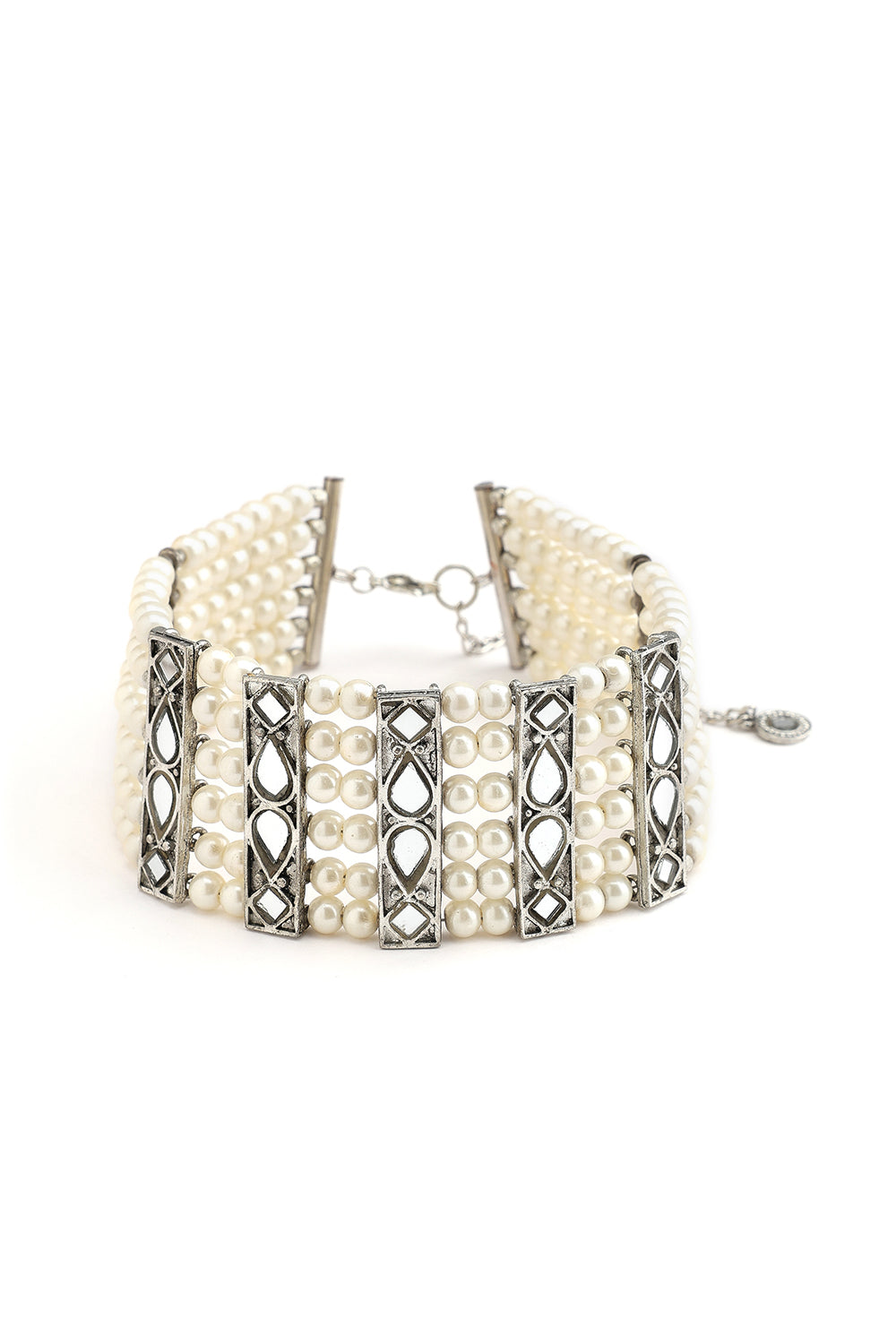 Mirror Silver Blocks With Pearl Beaded Choker