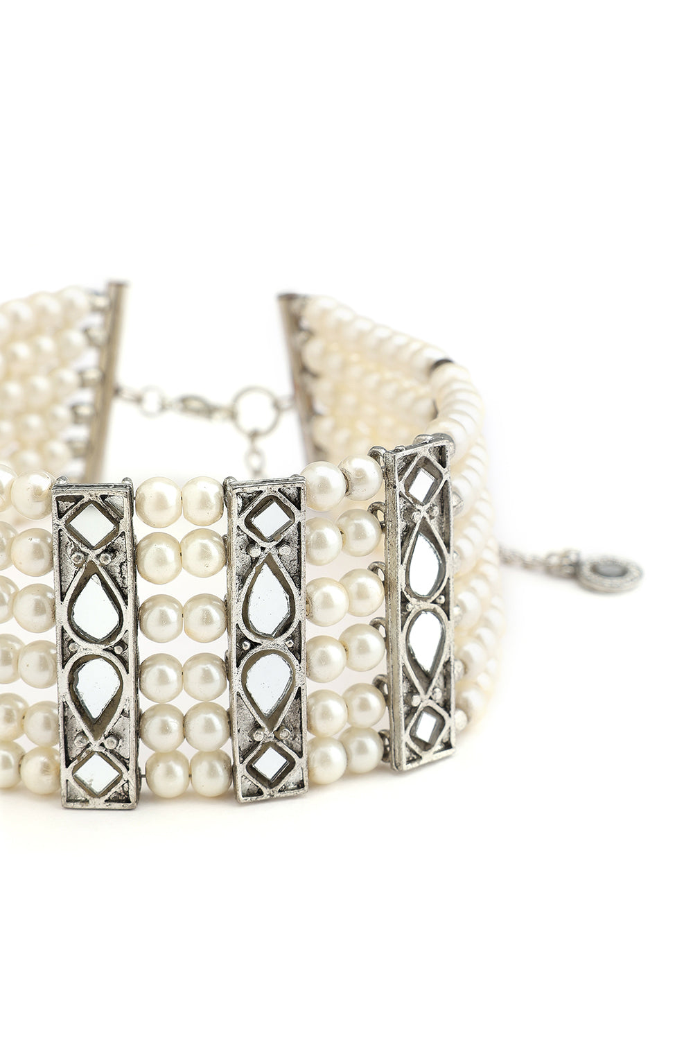 Mirror Silver Blocks With Pearl Beaded Choker
