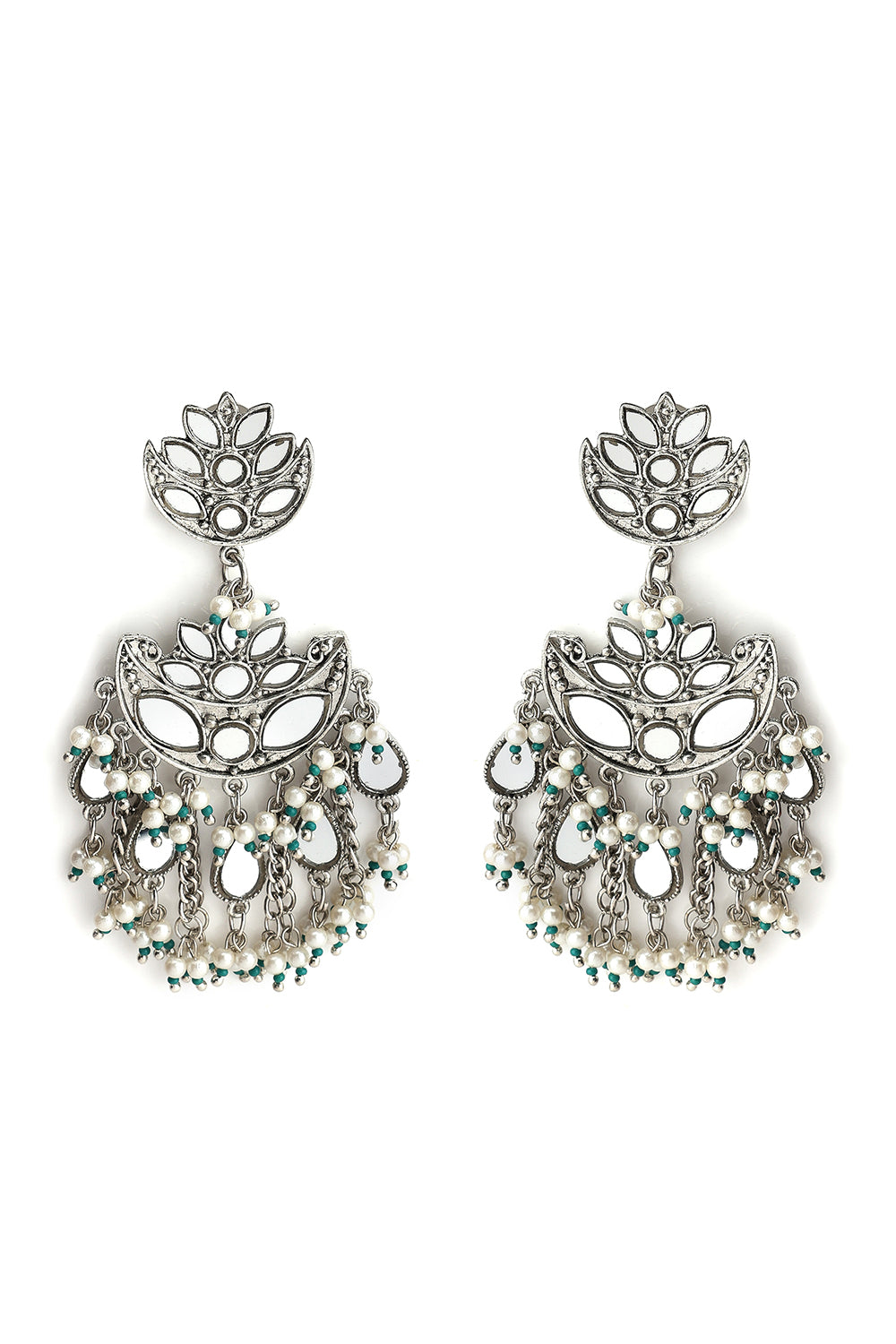 Silver Plated Lotus Earrings With Mirror & Pearl Drop