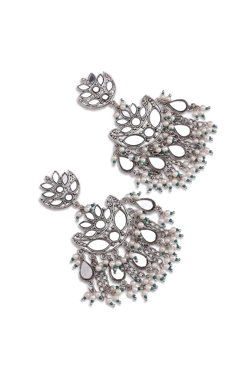Silver Plated Lotus Earrings With Mirror & Pearl Drop