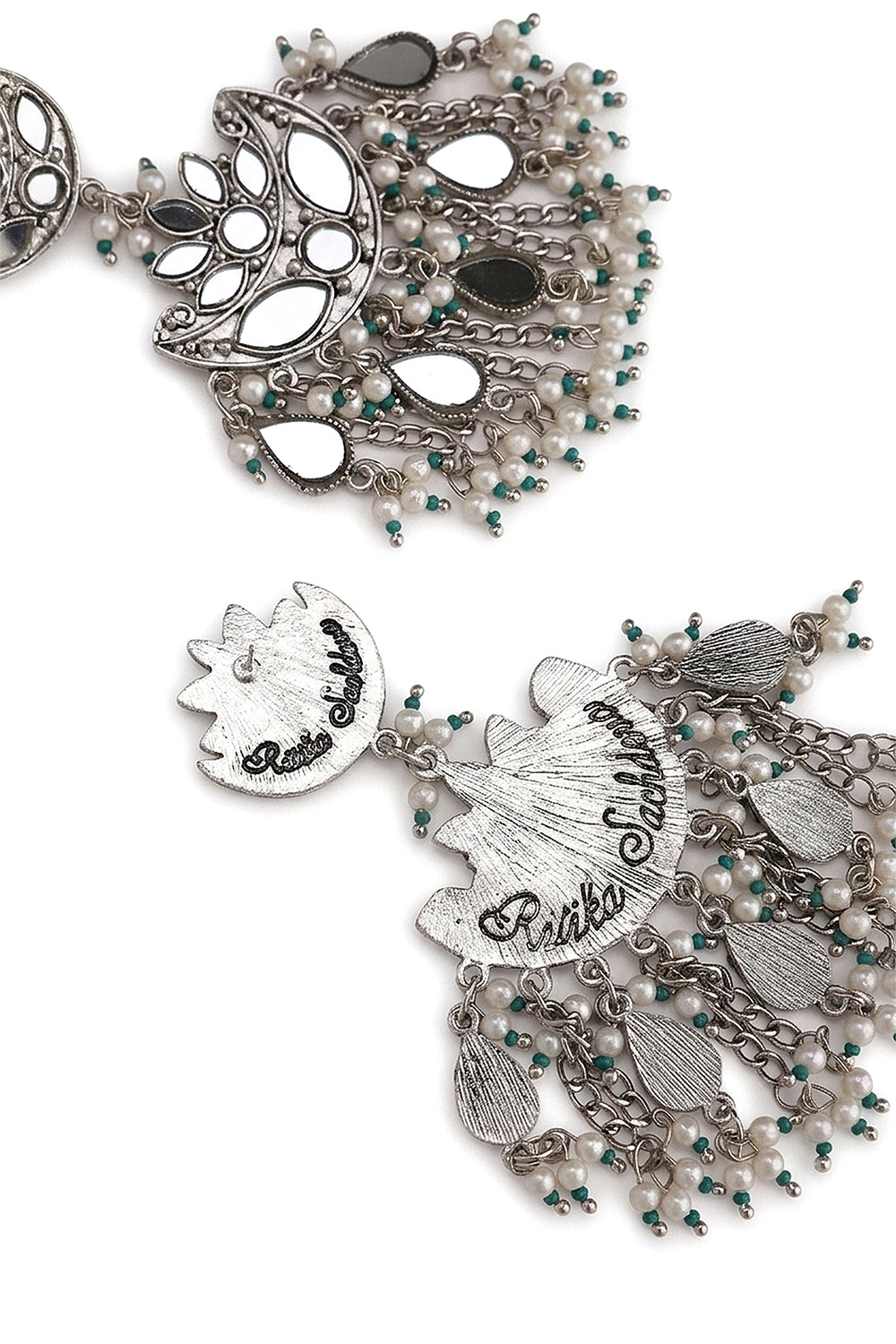 Silver Plated Lotus Earrings With Mirror & Pearl Drop