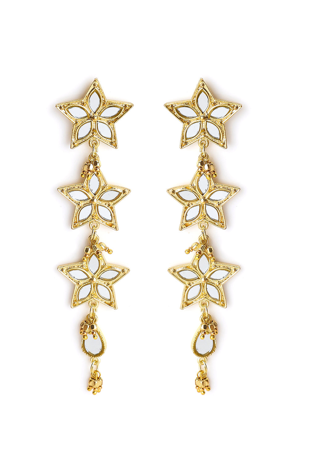 Triple Flower Mirror Work Gold Earrings