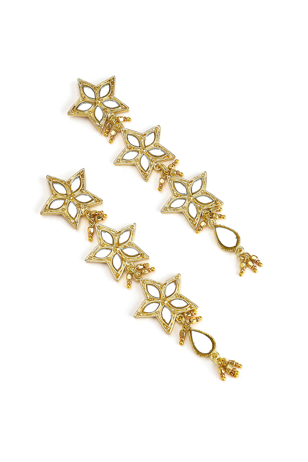 Triple Flower Mirror Work Gold Earrings