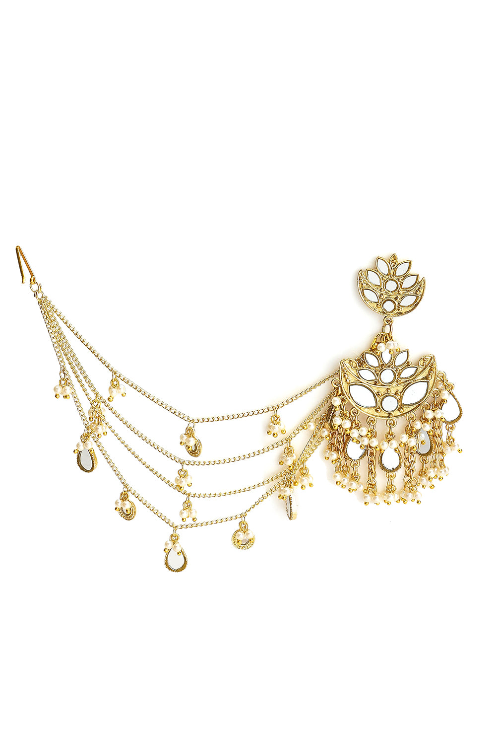 Gold Plated Lotus Earrings With Mirror Hanging & Pearls