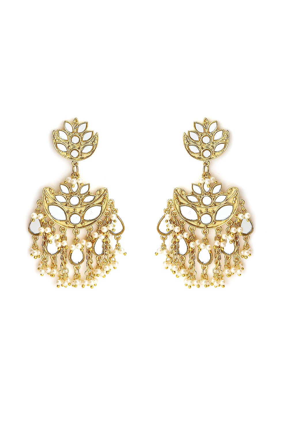 Gold Plated Lotus Earrings With Mirror Hanging & Pearls