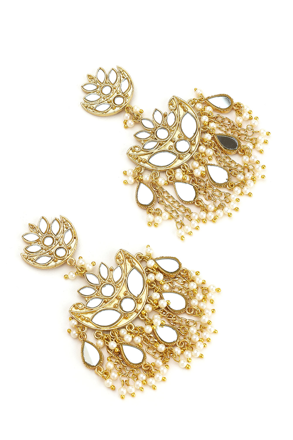 Gold Plated Lotus Earrings With Mirror Hanging & Pearls