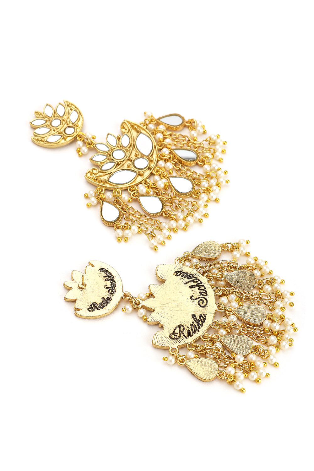 Gold Plated Lotus Earrings With Mirror Hanging & Pearls