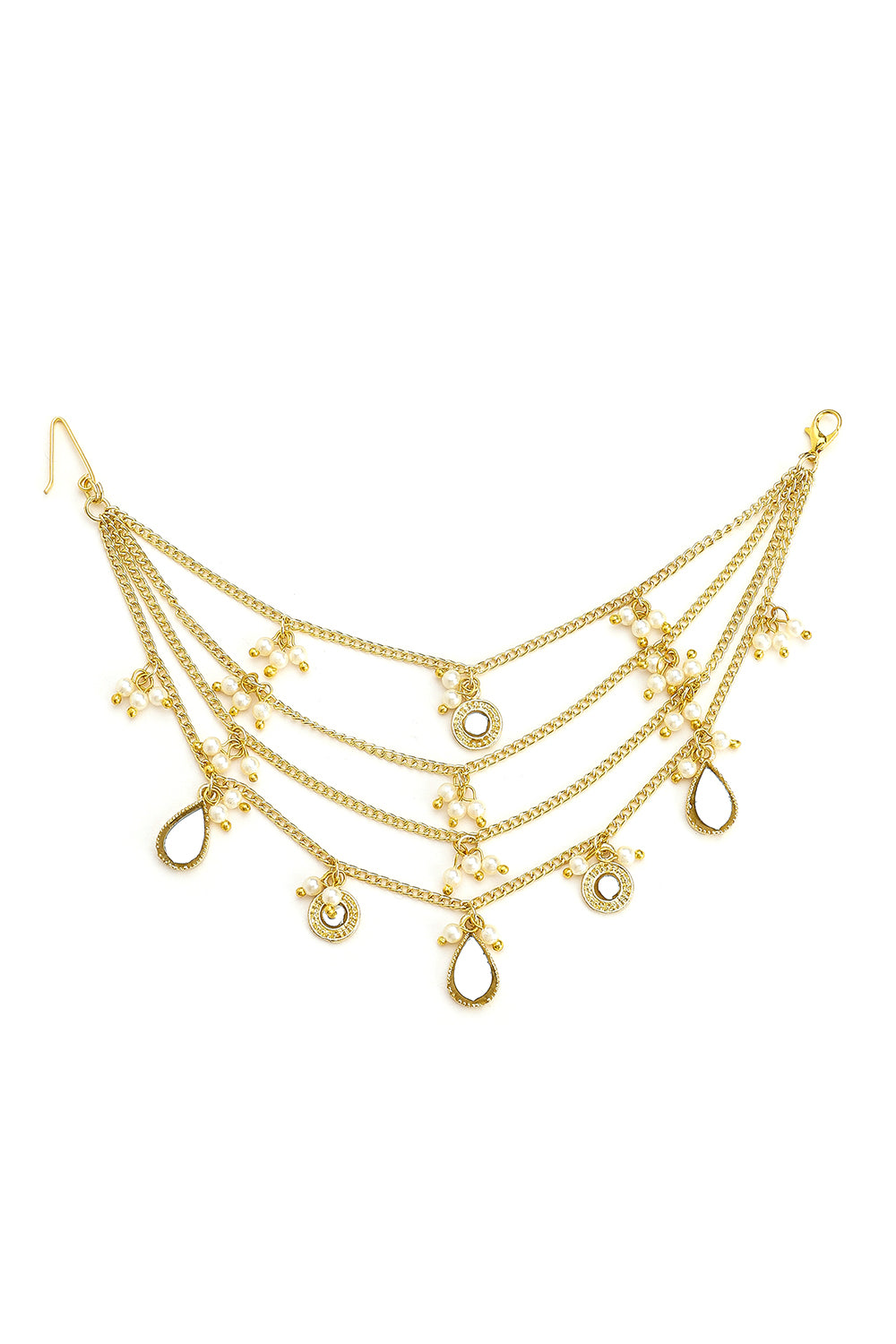 Gold Plated Lotus Earrings With Mirror Hanging & Pearls