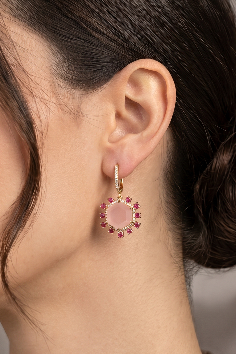 Rose Hexa Garnet and Rose Quartz Earrings (Birthstone January)