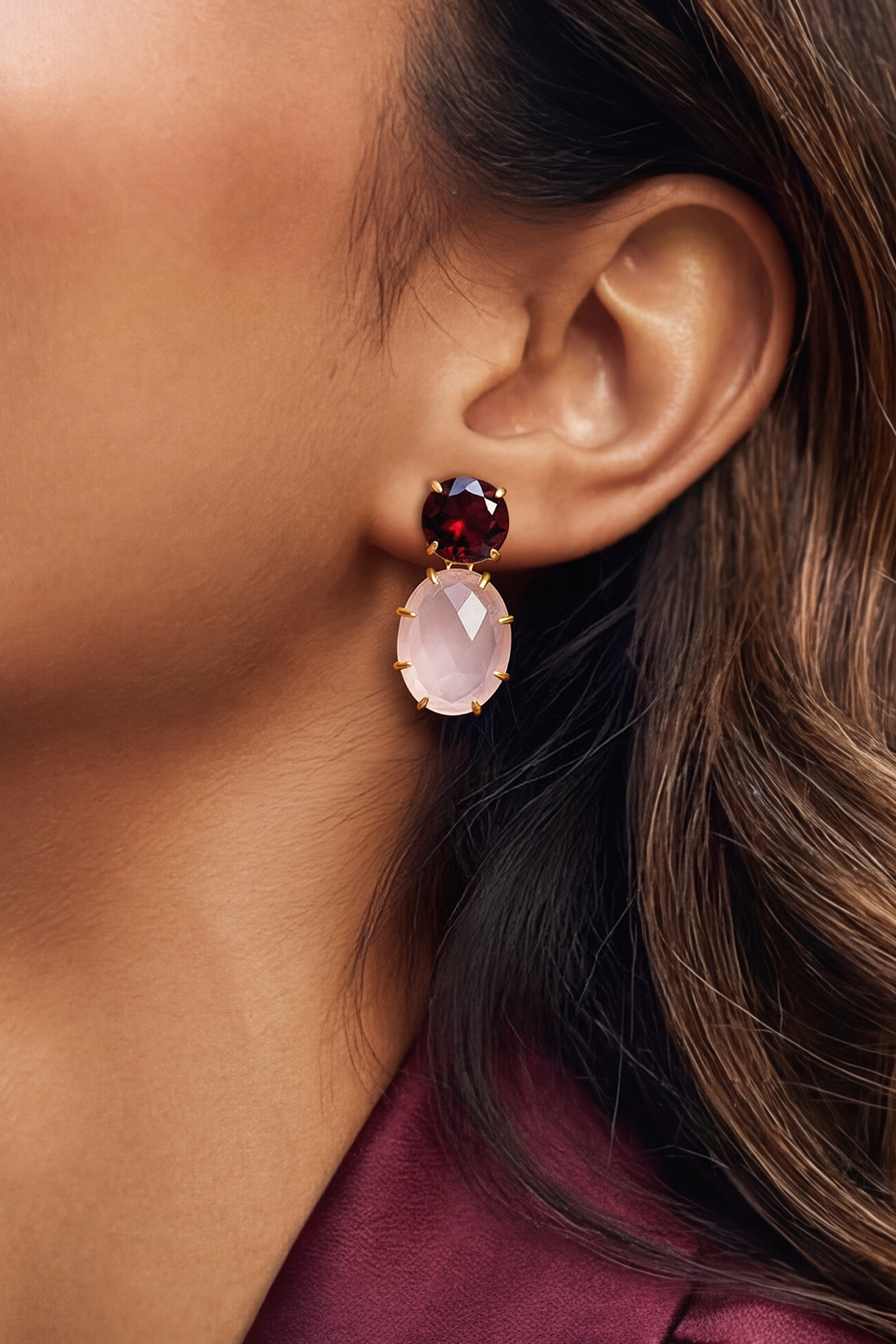 Rose Clawed Garnet and Rose Quartz Earrings (Birthstone January)