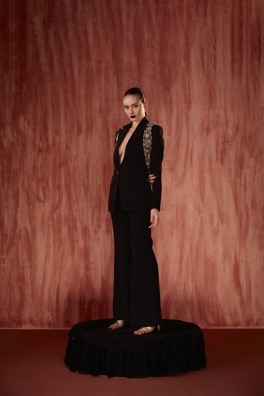 Black Pantsuit Set With Gold Jewelled Hand Embroidered Jacket