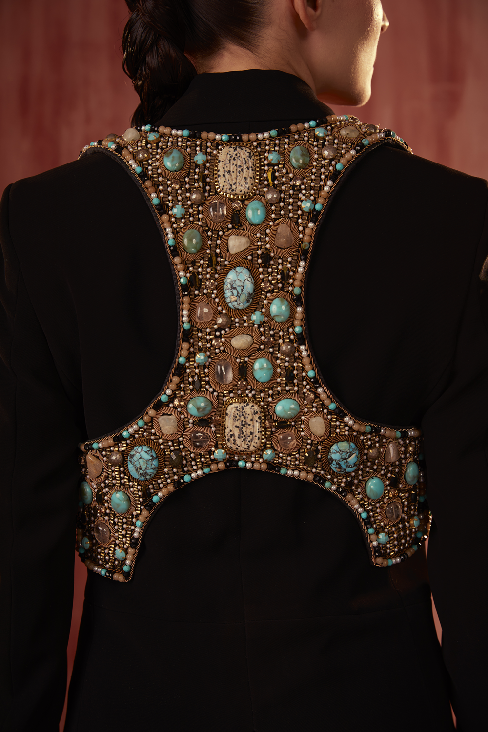 Black Pantsuit Set With Gold Jewelled Hand Embroidered Jacket