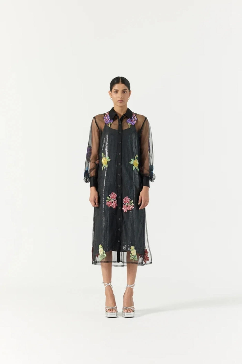 Black Botanical Shirt Dress