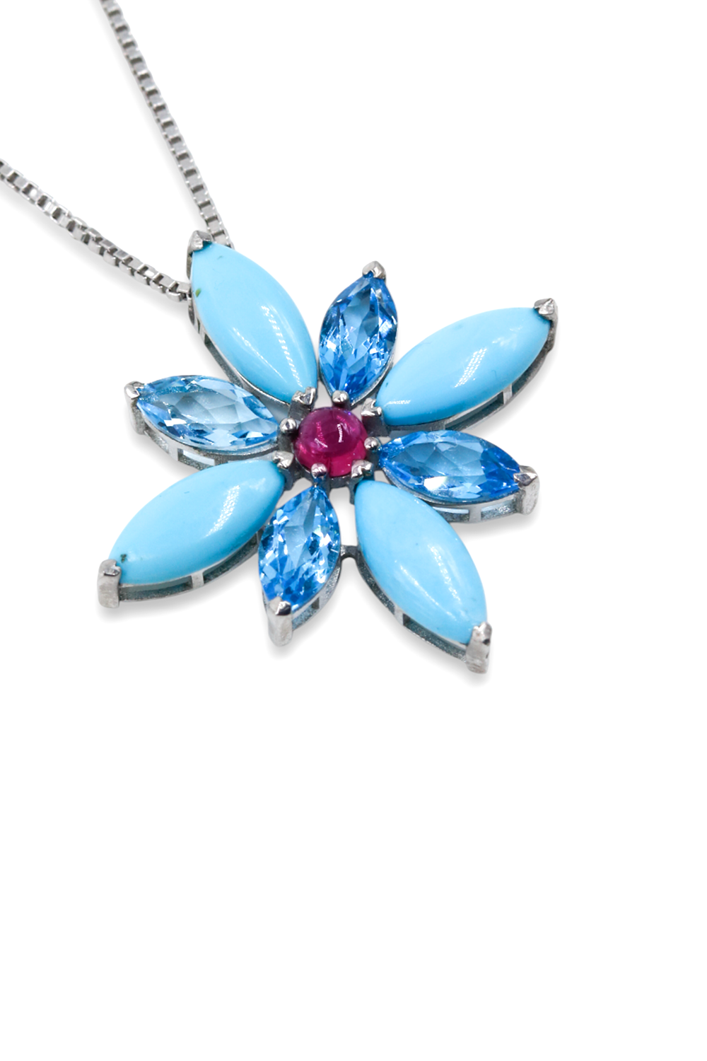 Held in Blue Floral Pendant (Turquoise, Blue Topaz and Tourmaline)
