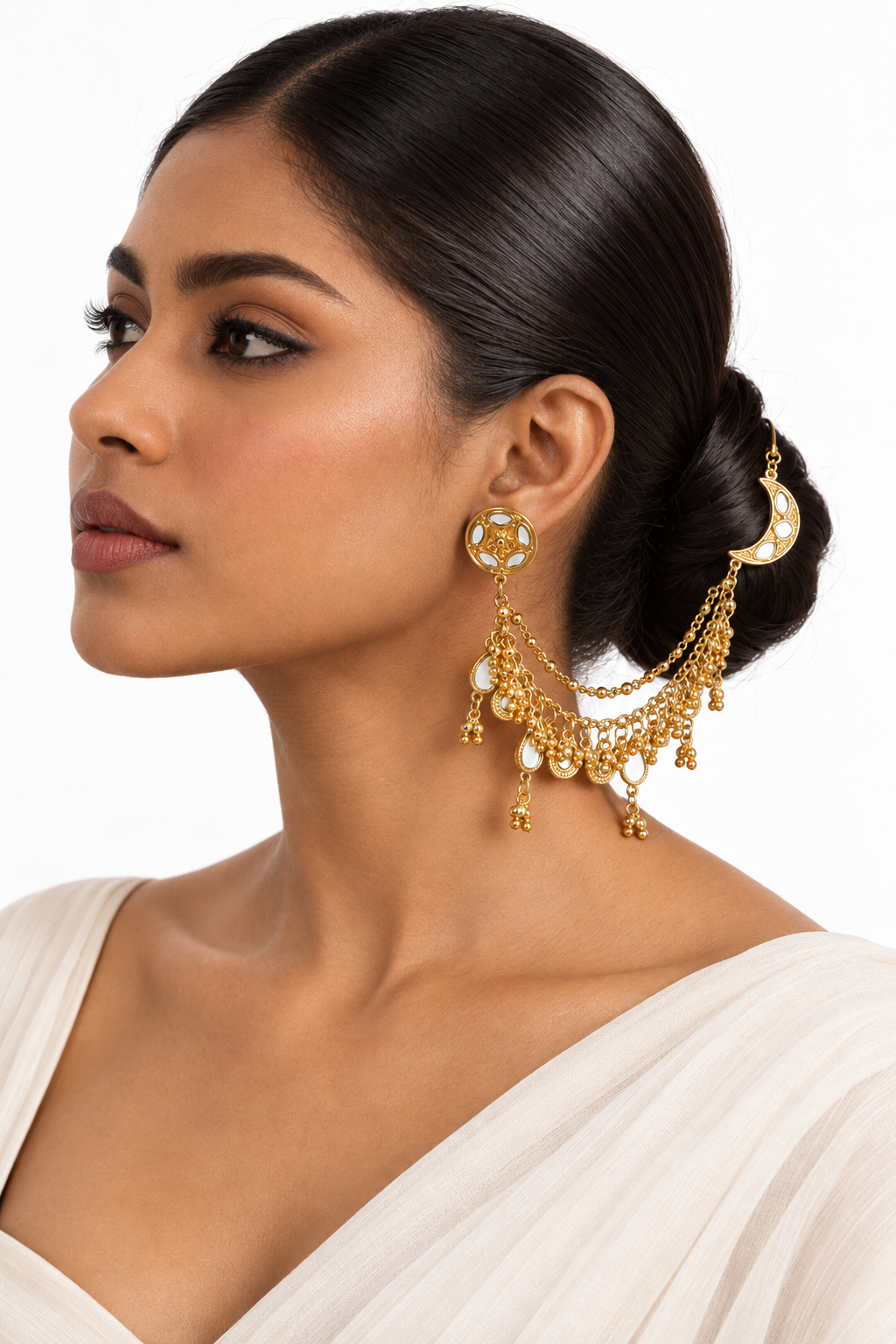 Kaan Chain Earrings with Gold Drops Mirror Work Pearl 2-Layer