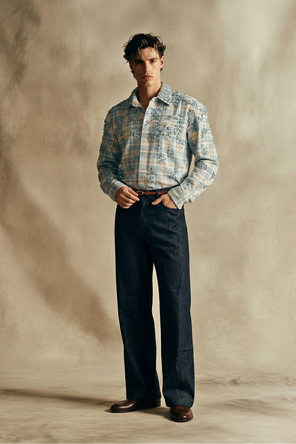 Powder Blue Plaid Shirt with Floral Embellishment