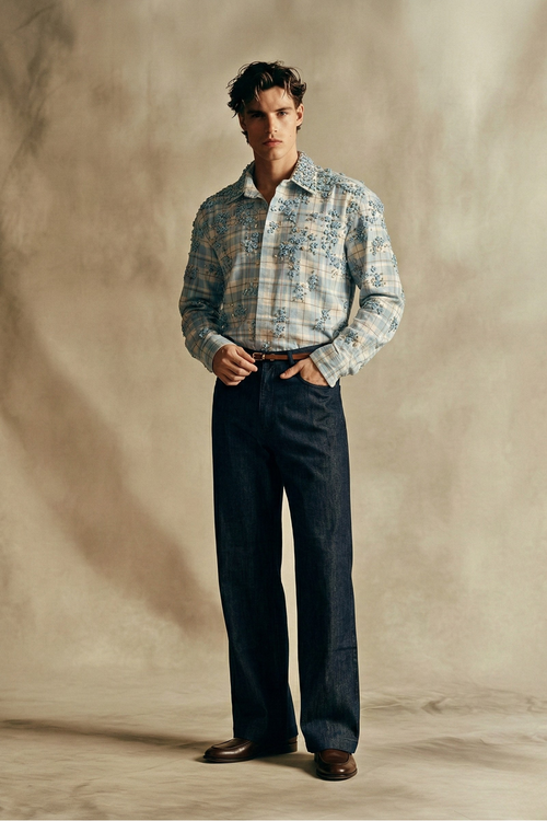 Powder Blue Plaid Shirt with Floral Embellishment