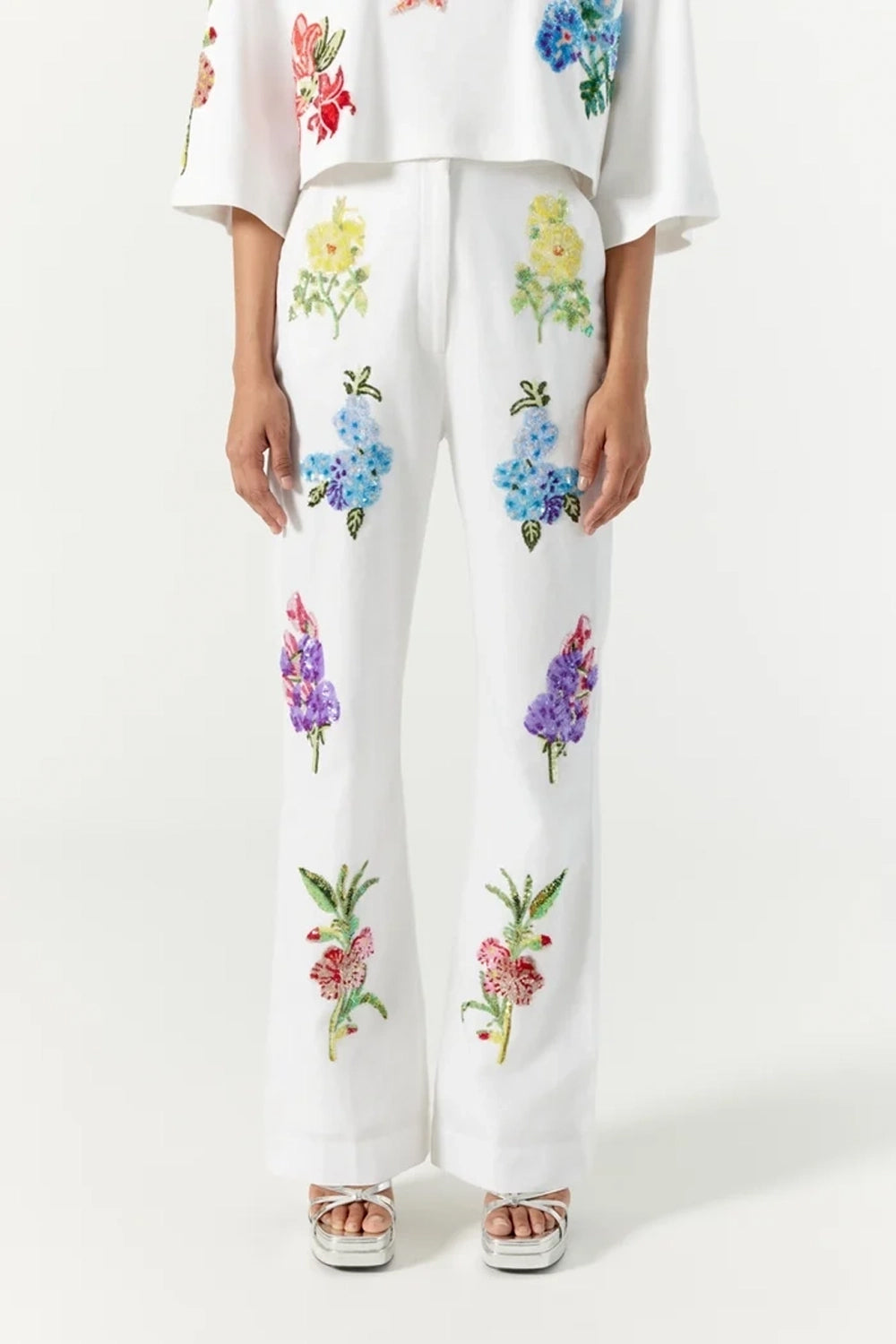 Botanical white embroidered trouser