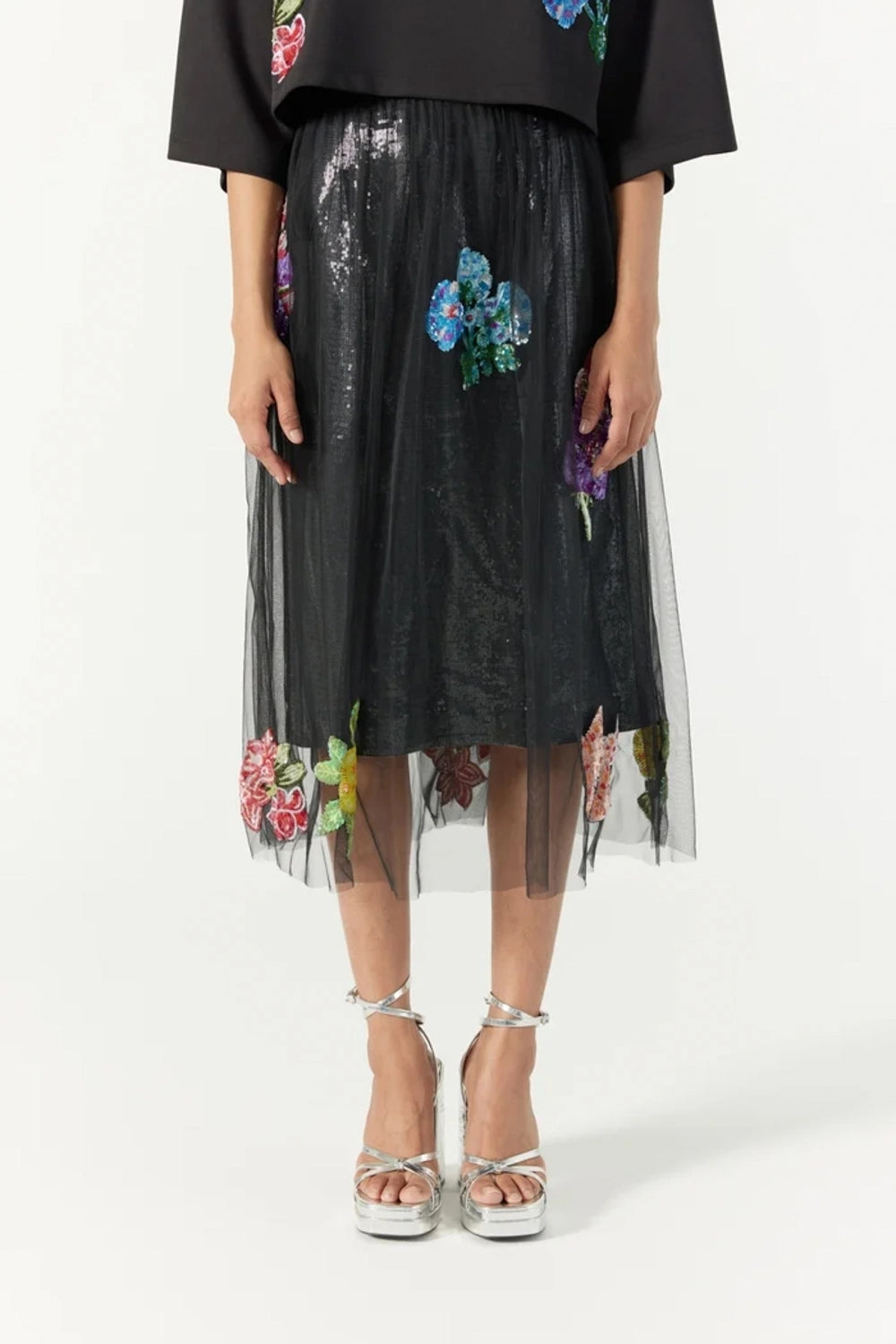 Botanical black embroidered skirt with sequin inner