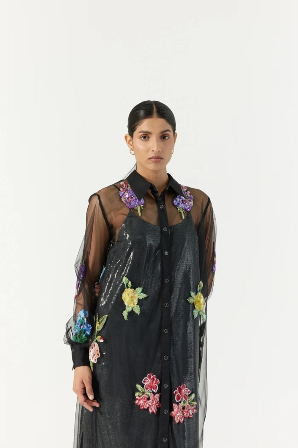 Black Botanical Shirt Dress