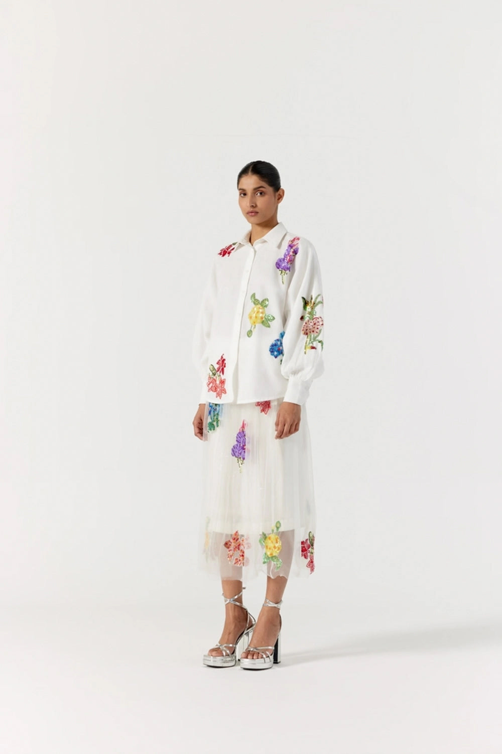 Botanical white embroidered skirt with sequin inner