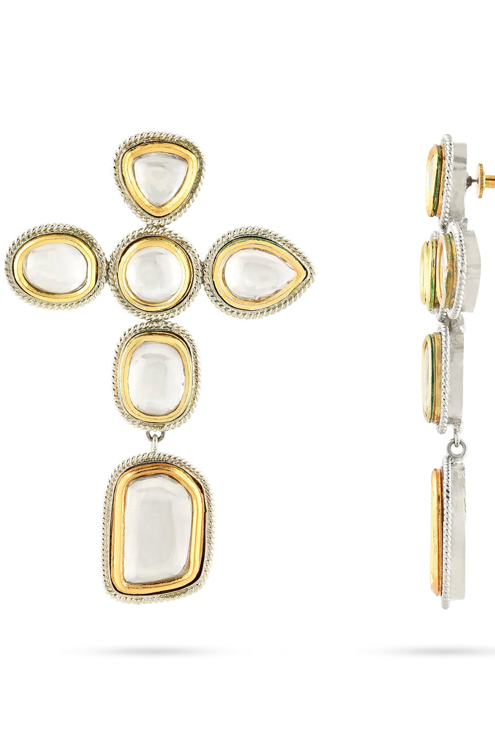 Gold & Silver Polki Cross Earrings