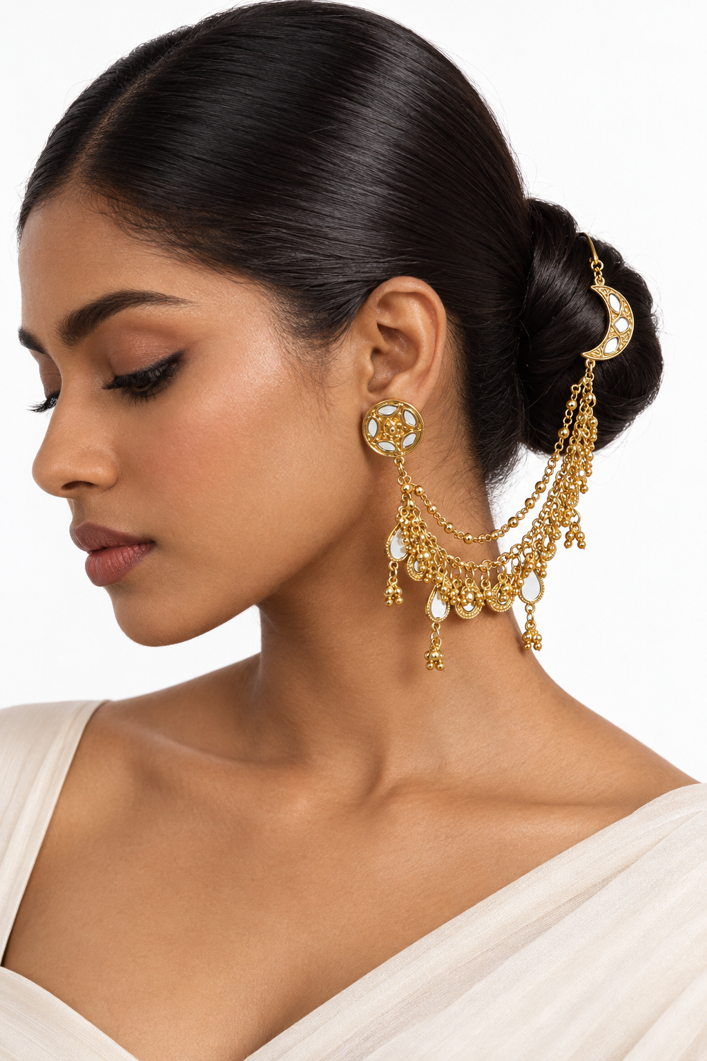 Kaan Chain Earrings with Gold Drops Mirror Work Pearl 2-Layer