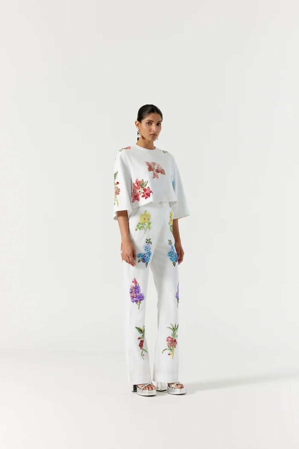 Botanical white embroidered trouser