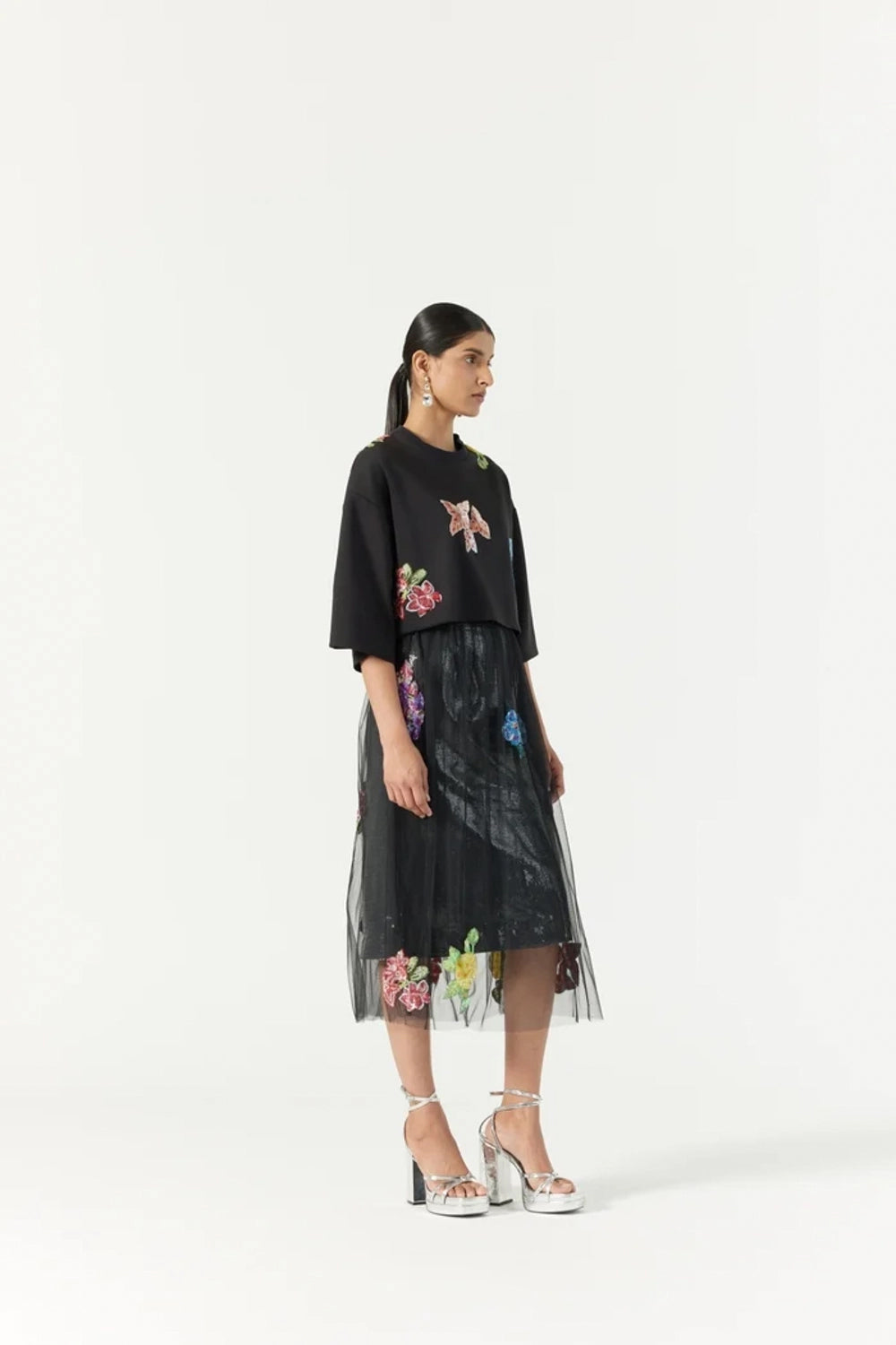 Botanical black embroidered skirt with sequin inner
