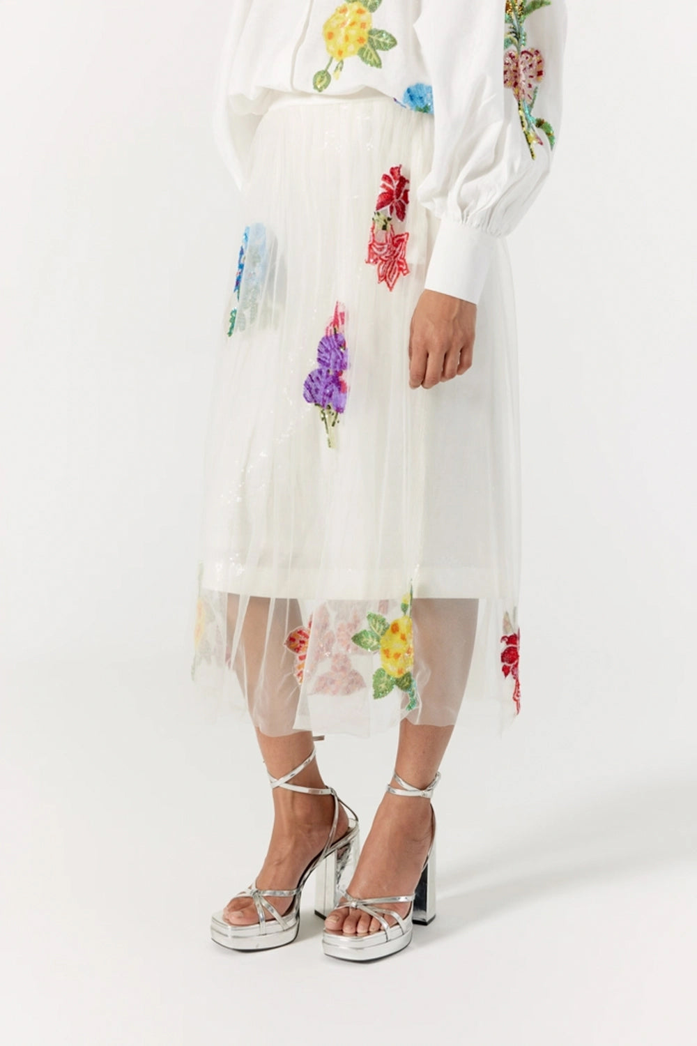Botanical white embroidered skirt with sequin inner
