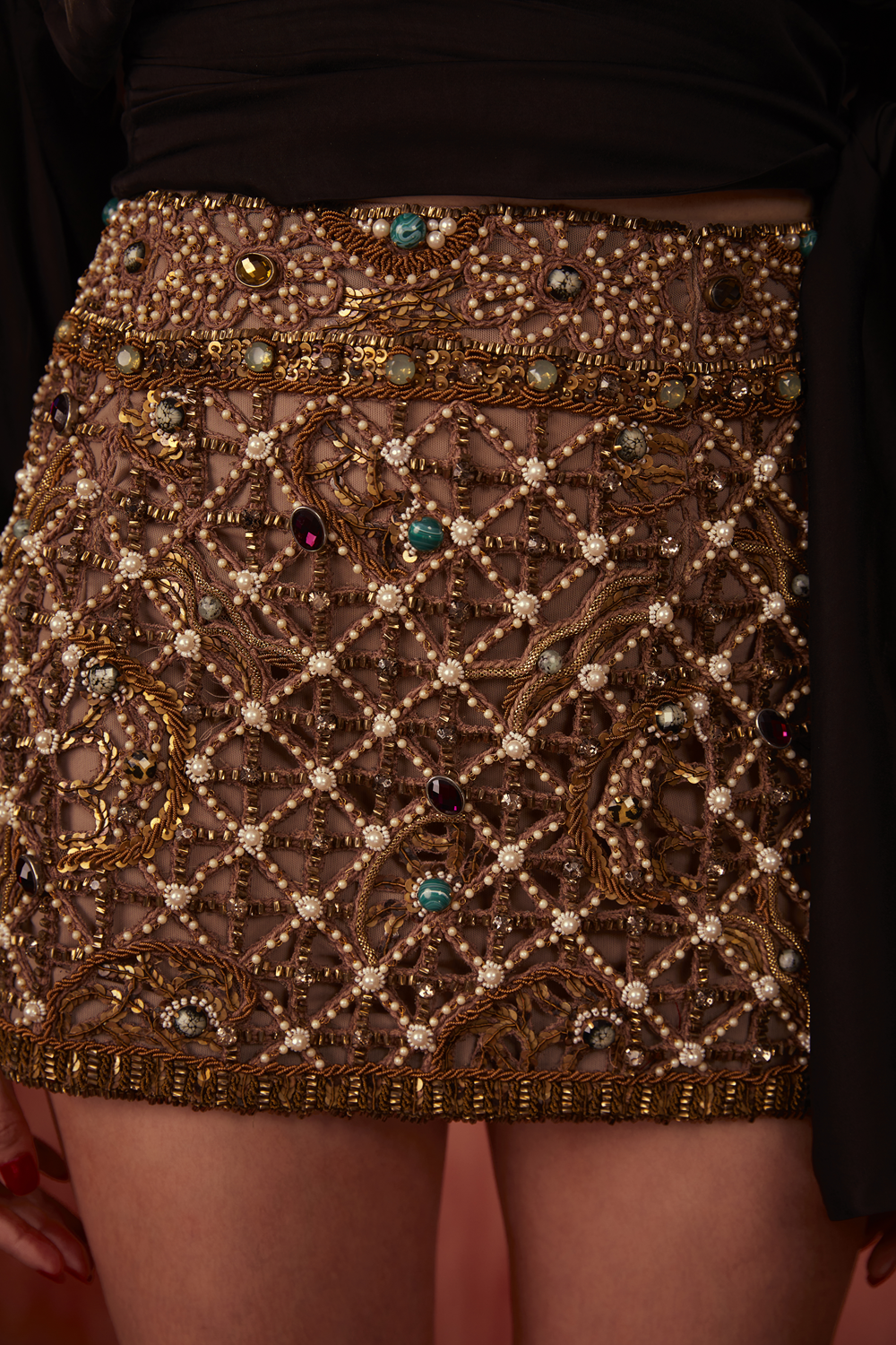 Aged Gold Pearl Jewelled Cutwork Short Skirt