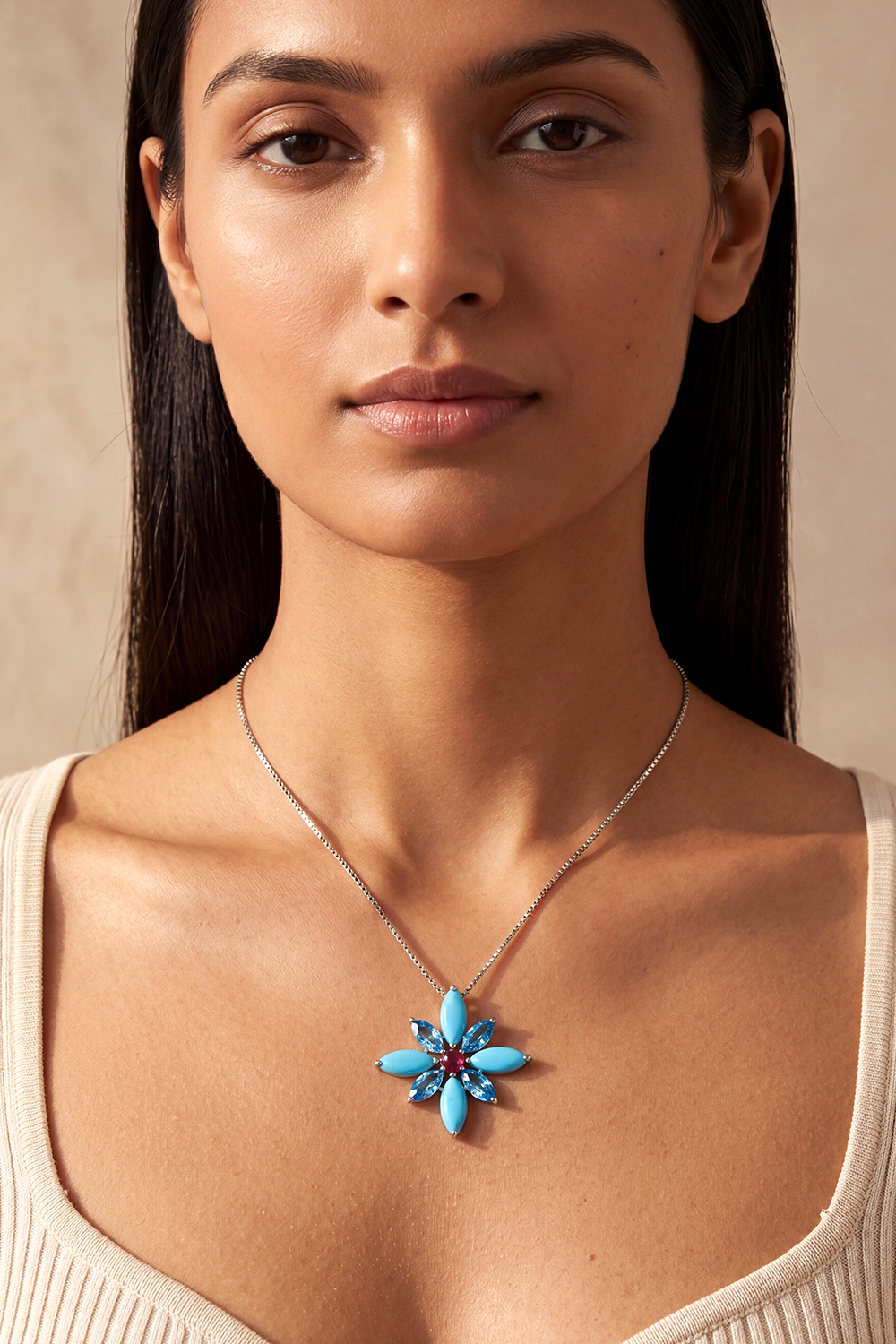 Held in Blue Floral Pendant (Turquoise, Blue Topaz and Tourmaline)
