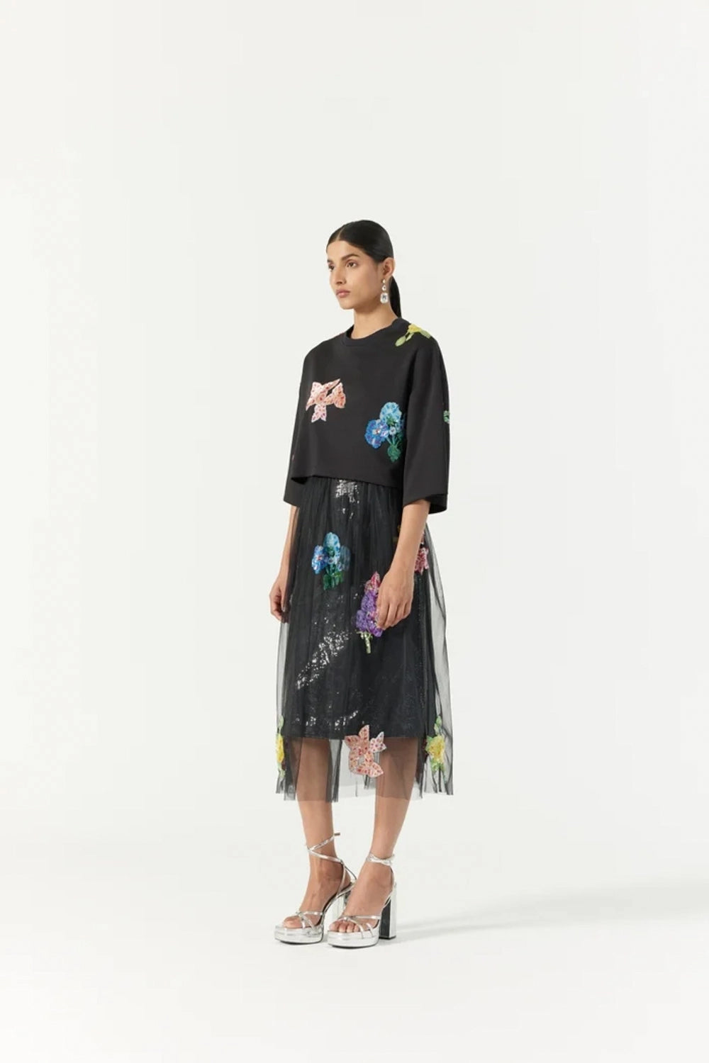 Botanical black embroidered skirt with sequin inner