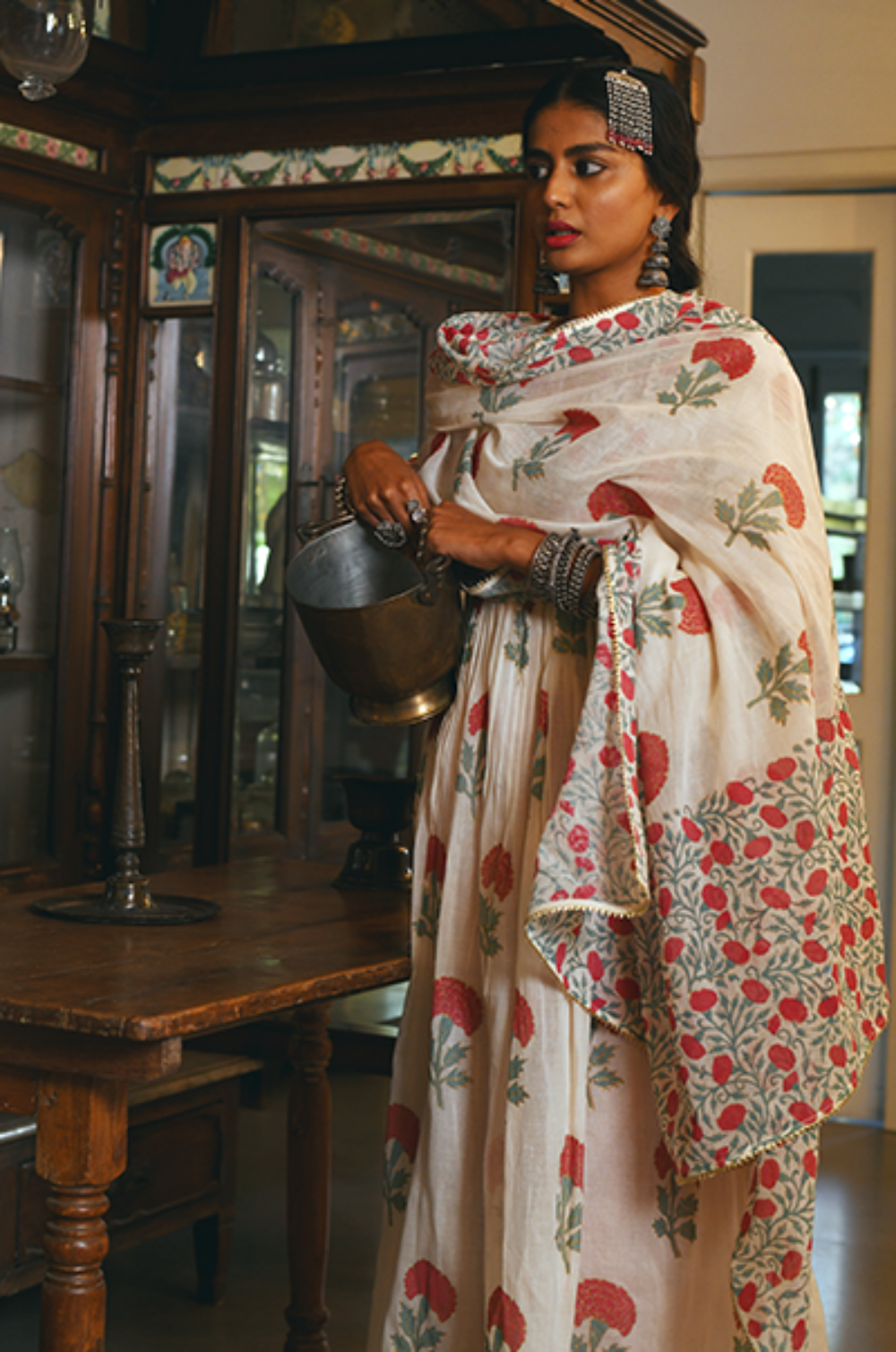 Leila Red Blockprinted V Neck Kurta Set