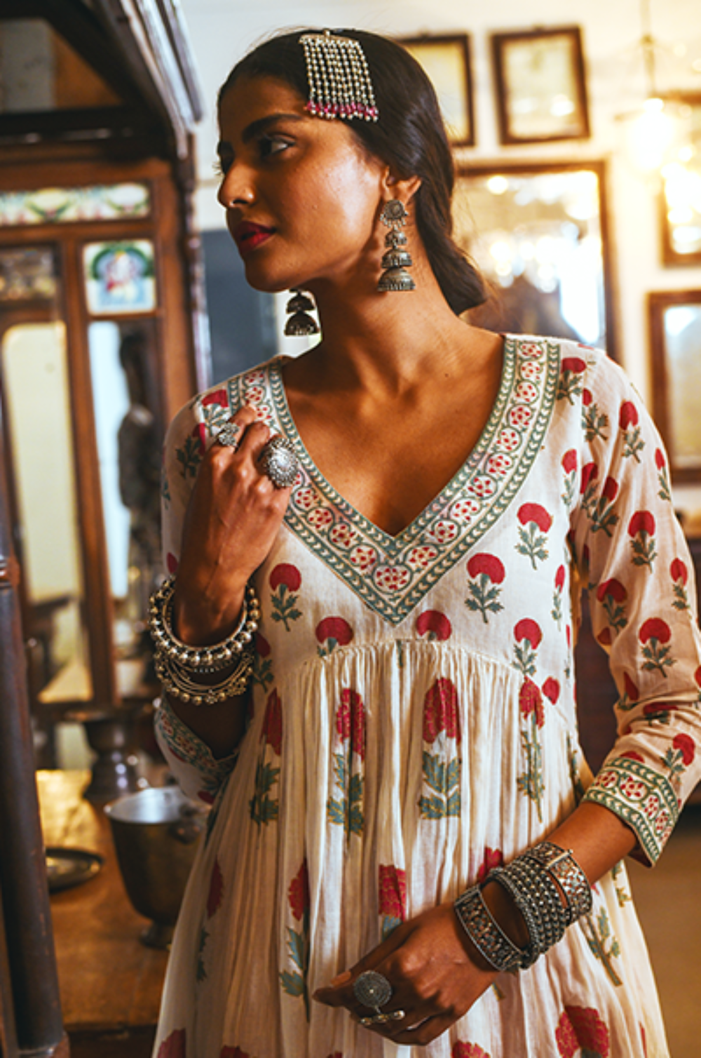 Leila Red Blockprinted V Neck Kurta Set