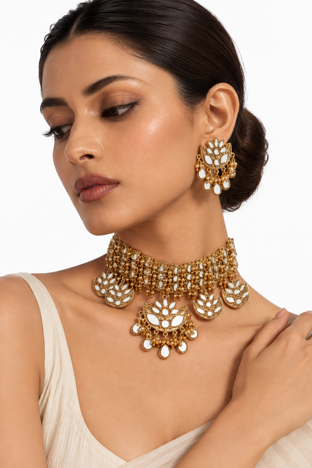 Choker And Earring Set with Patri Lotus Choker Big Mirror Drops in Gold
