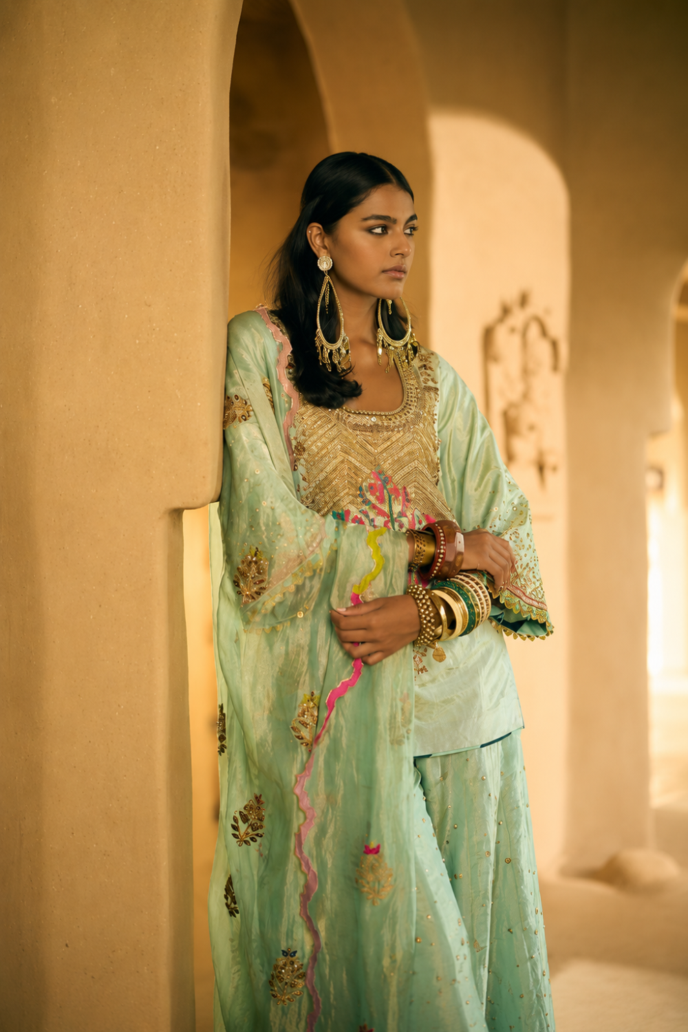 Nisbat Powder Blue Tissue Yoke Boota Sharara Set