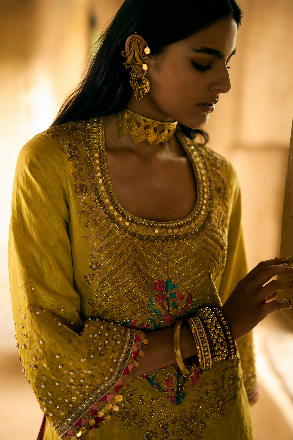 Nisbat Yellow Tissue Yoke Boota Kurta Set