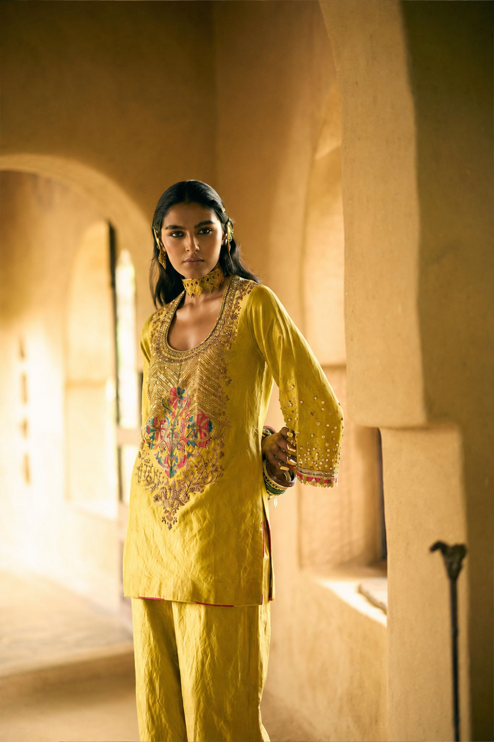 Nisbat Yellow Tissue Yoke Boota Kurta Set