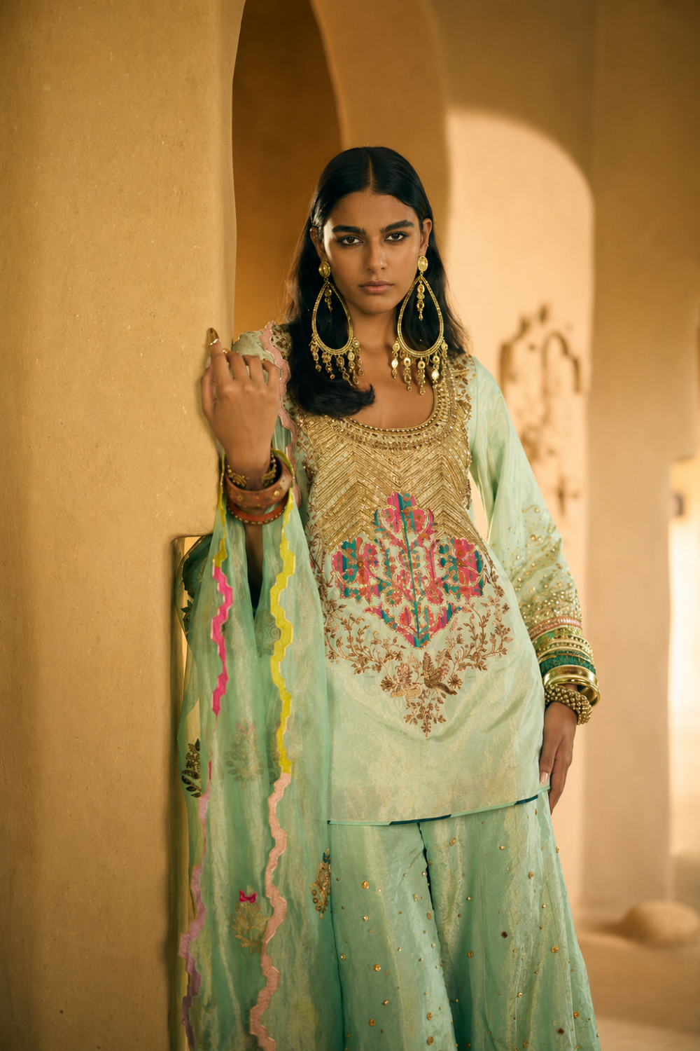 Nisbat Powder Blue Tissue Yoke Boota Sharara Set