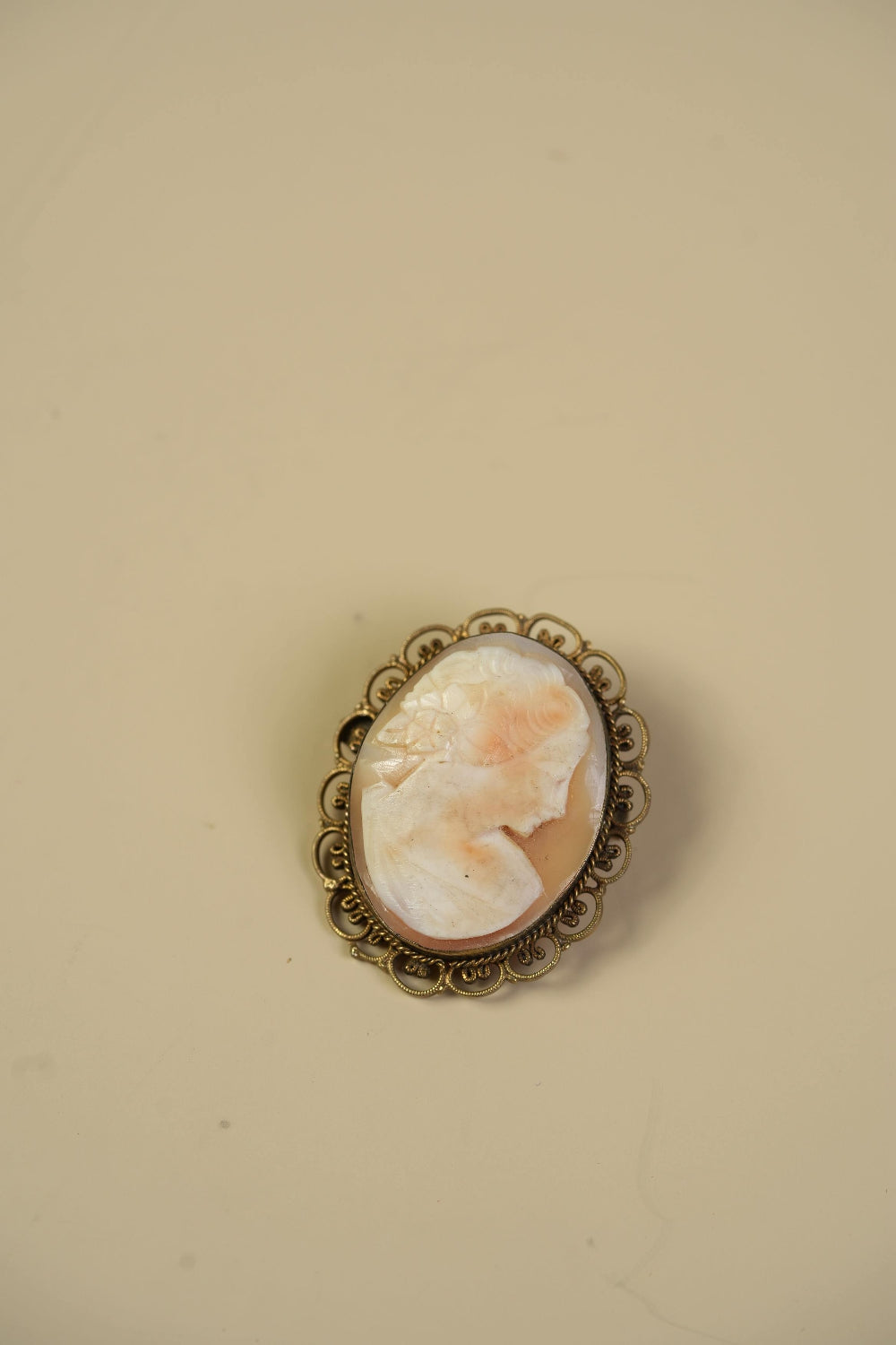Antique Shell Cameo Pendant — Classical Profile in Beaded Filigree Frame