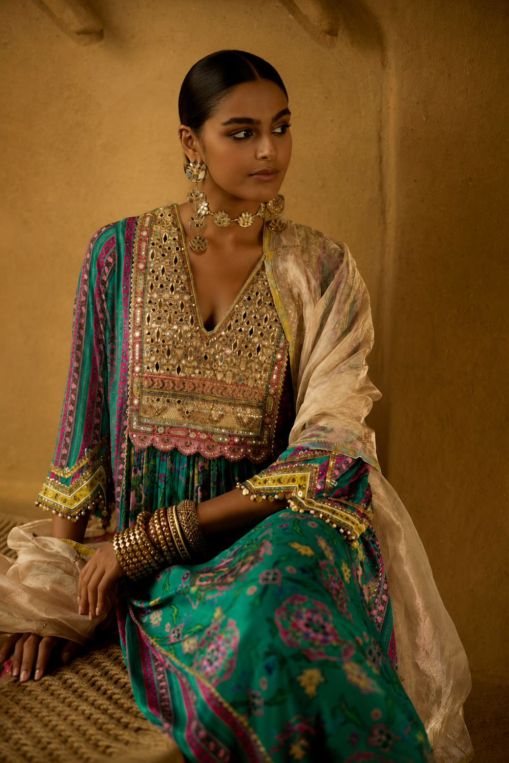 Nisbat Green Mirror Yoke Kurta Set