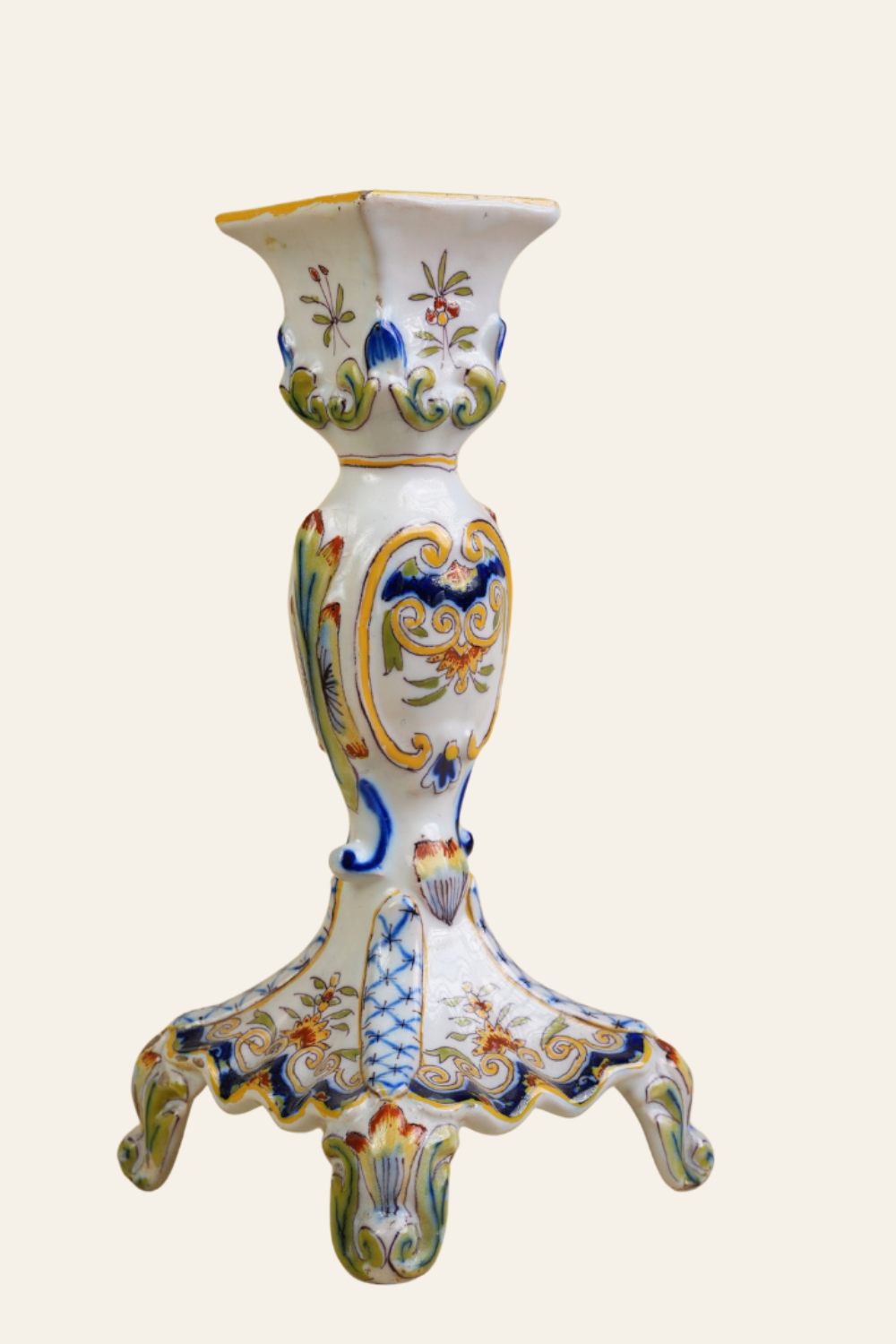 Preloved French Faience Rouen Hand-Painted Candlestick
