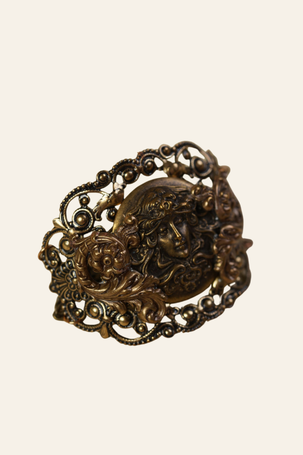 Victorian Brass Hand Cuff with Repousse Classical Face & Filigree Scrollwork