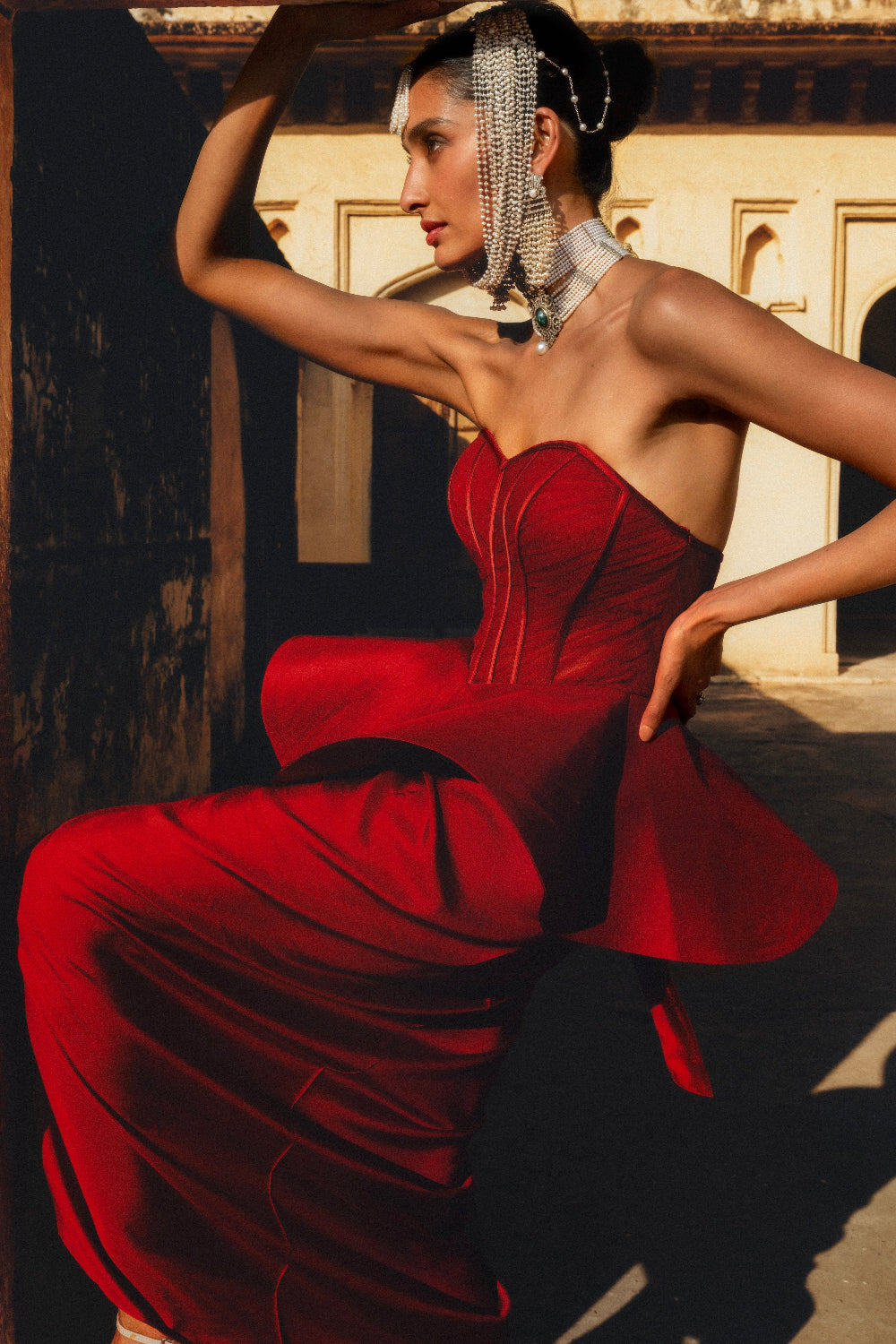 Peplum Corset and Wrap Skirt Set (Red)
