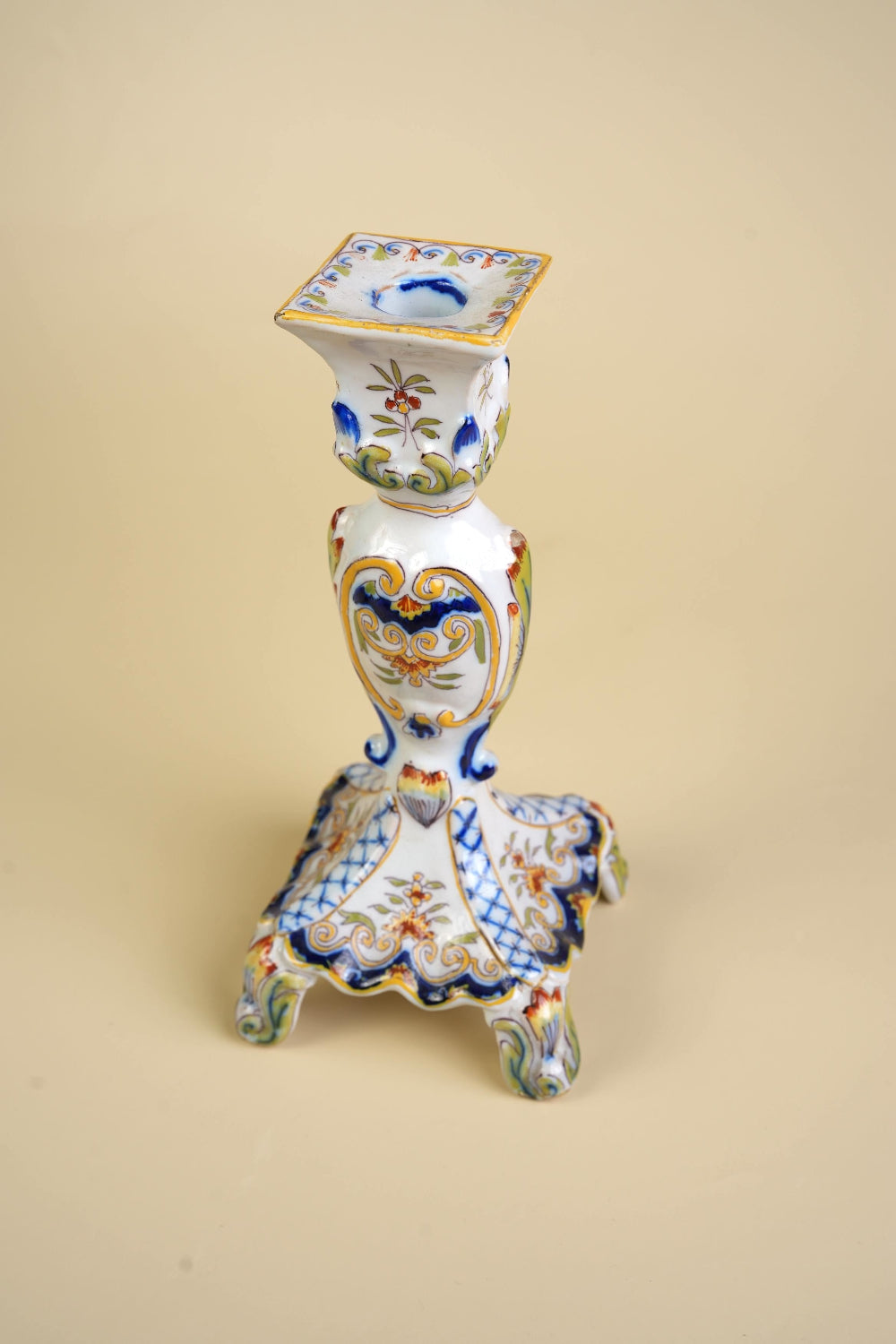Preloved French Faience Rouen Hand-Painted Candlestick