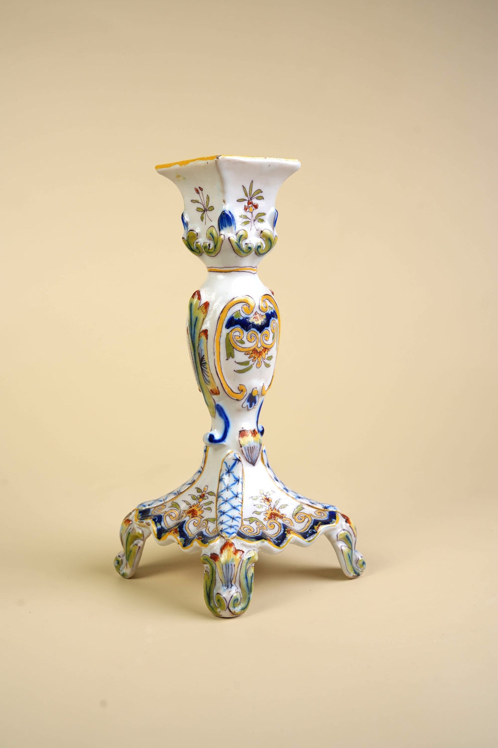 Preloved French Faience Rouen Hand-Painted Candlestick