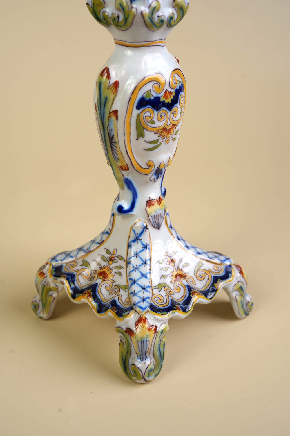 Preloved French Faience Rouen Hand-Painted Candlestick
